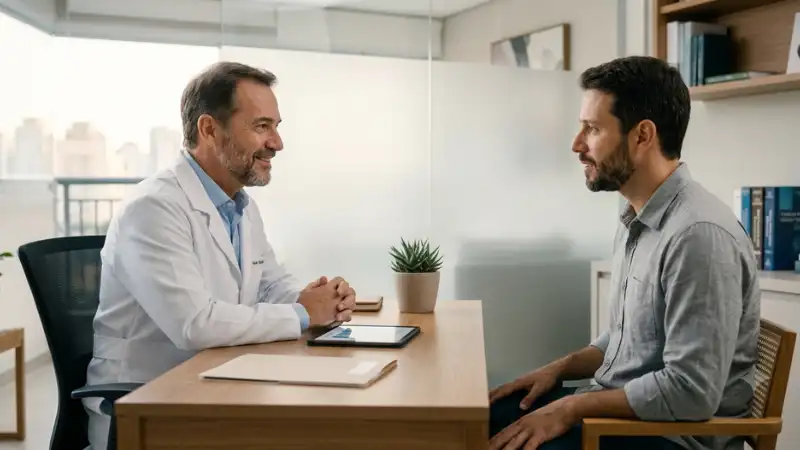 Médico urologista de jaleco branco conversando de forma empática com paciente masculino em um consultório iluminado.