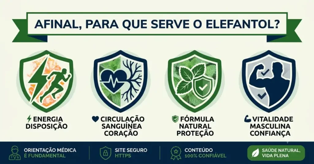 Infográfico ilustrado mostrando os 4 principais benefícios do Elefantol: Energia e Disposição, Circulação Sanguínea, Fórmula Natural e Vitalidade Masculina.