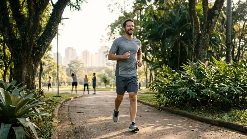 Homem sorridente praticando corrida ao ar livre em um parque ensolarado pela manhã, representando vitalidade e hábitos saudáveis.