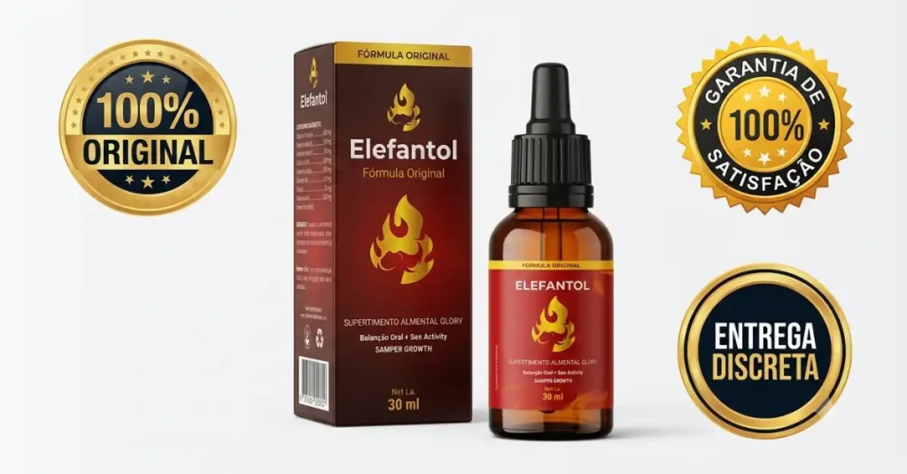 Caixinha e frasco conta-gotas de 30ml do Elefantol original ao lado de selos de 100% Original, Garantia de Satisfação e Entrega Discreta.