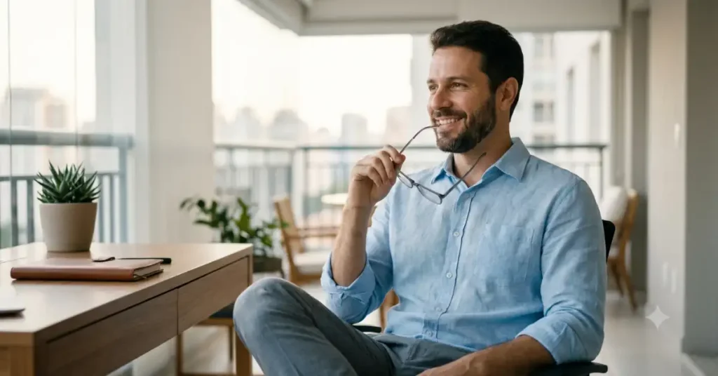 Homem de meia-idade sorrindo e reflexivo em um ambiente bem iluminado, representando saúde e confiança masculina no Guia de Disfunção Erétil.