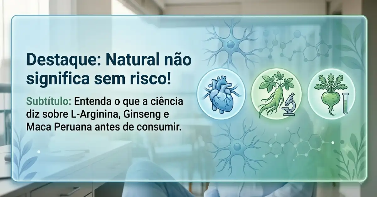 Banner informativo com o texto 'Natural não significa sem risco!' em tons de azul e verde com ícones de saúde e plantas medicinais.