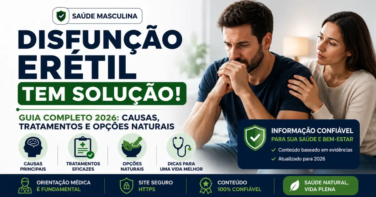 Homem preocupado com disfunção erétil sendo apoiado por parceira, com elementos médicos e naturais representando causas e tratamentos eficazes em 2026